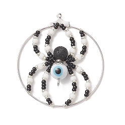 White Brass Pendants, with Glass Seed & Evil Eye Lampwork & Natural Lava Rock Beads, Ring with Spider Charms, White, 44~48x40~43x8mm, Hole: 1mm and 2mm