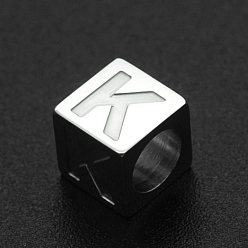 Letter K 201 Stainless Steel European Beads, Large Hole Beads, Horizontal Hole, Cube, Stainless Steel Color, Letter.K, 7x7x7mm, Hole: 5mm