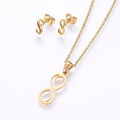 Golden 304 Stainless Steel Jewelry Sets, Stud Earrings and Pendant Necklaces, Infinity, Golden, Necklace: 17.7 inch(45cm), Stud Earrings: 9.5x4x1.2mm, Pin: 0.8mm
