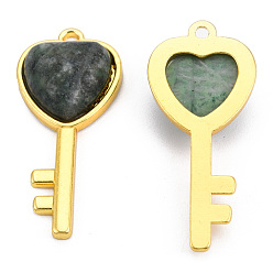 Камень с Зелеными Точками Натуральные зеленые пятна яшмы, с легкой позолоченной латунной фурнитурой, ключ с подвеской в виде сердца, 38x17x6.5~7 мм, отверстие : 1.8 мм