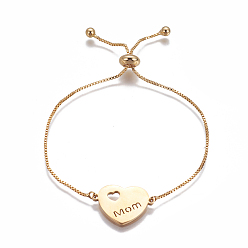 Golden Mother's Day Gifts, 201 Stainless Steel Slider Bracelets, Box Chains, Heart with Word Mom, Golden, 9-5/8 inch~9-7/8 inch(24.5~25cm), Links: 15.5x22x1.5mm