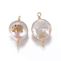 FireBrick Natural Pearl Links connectors, with Cubic Zirconia and Brass Findings, Flat Round with Elephant, Golden, Chocolate, 19~23x10~12x6~9mm, Hole: 1.6mm