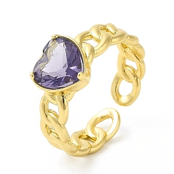 Dark Slate Blue Cubic Zirconia Heart Open Cuff Ring, Real 18K Gold Plated Brass Jewelry for Women, Cadmium Free & Nickel Free & Lead Free, Dark Slate Blue, US Size 8(18.1mm)