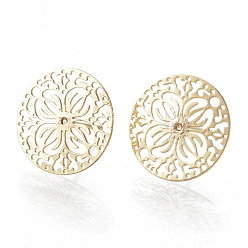 Real 18K Gold Plated Brass Ear Studs, Flat Round with Flower, Nickel Free, Real 18K Gold Plated, 15mm, Pin: 0.6mm