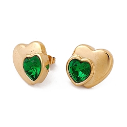 Émeraude Boucles d'oreilles clous double cœur strass, or 304 bijoux en acier inoxydable pour femmes, émeraude, 15x16mm, pin: 0.7 mm