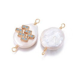Aquarius Natural Pearl Links connectors, with Brass Micro Pave Cubic Zirconia Findings, Flat Round with Constellation, Golden, Deep Sky Blue, Aquarius, 20~26x9~17x5~11mm, Hole: 1.6mm