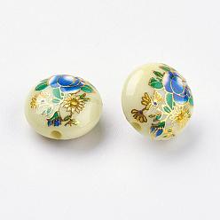 Light Khaki Flower Printed Resin Beads, Flat Round, Light Khaki, 16.5x9mm, Hole: 2mm