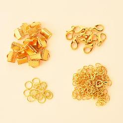 Golden 50 Pieces DIY Ribbon Ends Making Kits, Including Iron Ribbon Crimp Ends & Unsoldered Jump Rings, Zinc Alloy Lobster Claw Clasps, Brass Chain Extenders, Golden, 8x8mm