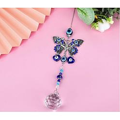 Argent Antique Alliage papillon turc bleu mauvais œil pendentif décoration, avec prismes de boule de lustre de plafond en cristal, pour l'ornement d'amulette suspendu à la maison, argent antique, 350mm