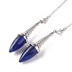 Lapis Lazuli Lapis lazuli pendule de poudrage, avec les accessoires en laiton plaqués de platine, charme de cône, 250~255x2.5mm