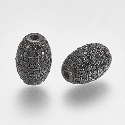 Gunmetal Brass Micro Pave Cubic Zirconia Beads, Oval, Black, Gunmetal, 12x8mm, Hole: 1.5mm