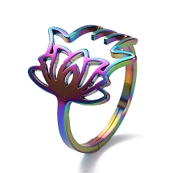 Rainbow Color Ion Plating(IP) 304 Stainless Steel Adjustable Rings, Hollow Hamsa Hand & Lotus Ring for Women, Rainbow Color, 2mm, Inner Diameter: 16.6mm