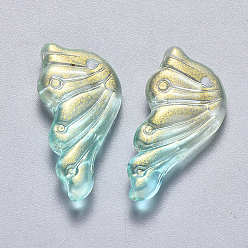 Turquoise Transparent Spray Painted Glass Pendants, with Glitter Powder, Butterfly Wings, Turquoise, 24x12.5x4mm, Hole: 1.4mm