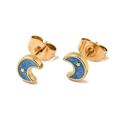 Dodger Blue Enamel Crescent Moon with Star Stud Earrings with 316 Surgical Stainless Steel Pins, Gold Plated 304 Stainless Steel Jewelry for Women, Dodger Blue, 6x5mm, Pin: 0.8mm