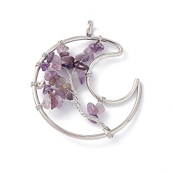 Amethyst Moon Natural Amethyst Copper Wire Wrapped Chip Big Pendants, Tree of Life Charm, with Platinum Tone Iron Findings, 57x51x8mm, Hole: 6.2mm
