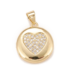 Clear Brass Micro Pave Cubic Zirconia Locket Pendants, Photo Frame Charms for Necklaces, Real 18K Gold Plated, Lead Free & Cadmium Free, Flat Round with Heart, Clear, 18.5x16x4.5mm, Hole: 4x3mm, Inner Diameter: 11mm