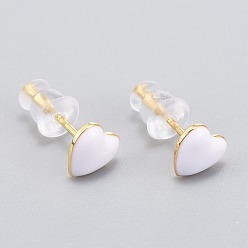 Blanco Pendientes de esmalte de latón, con las tuercas de plástico del oído, larga duración plateado, corazón, real 18 k chapado en oro, blanco, 6x6.5 mm, pin: 1 mm