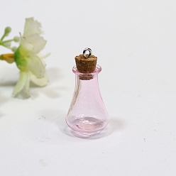 Pink Empty Small Glass Cork Vase Pendants, Wishing Bottle Charms with Platinum Plated Iron Loops, Pink, 16x27mm