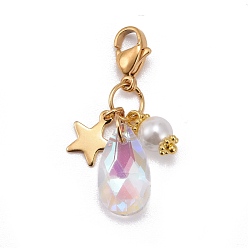 Clair AB Pendentifs en verre à facettes, avec des perles rondes de perles de verre, étoile 304 breloques en acier inoxydable et fermoirs pinces de homard, clair ab, 34mm
