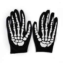 Black Polyester Skeleton Hand Horror Full Finger Gloves, for Halloween Cosplay Costumes, Black, 223x125x1.5mm