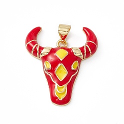 Red Brass Enamel Pendants, OX Head Charm, Lead Free & Cadmium Free, Real 18K Gold Plated, Red, 26x22.5x5mm, Hole: 3.5x4.5mm