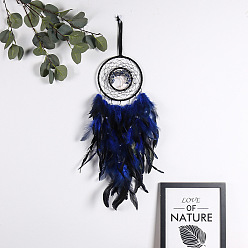 Feather Iron & Natural Lapis Lazuli Woven Web/Net with Feather Pendant Decorations, with Imitation Pearl Beads, Flat Round with Tree Wall Hanging, 150mm