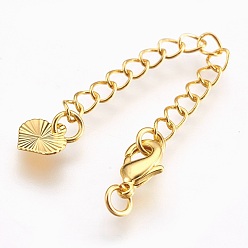 Real 18K Gold Plated Brass Chain Extender, with Lobster Claw Clasps, Cadmium Free & Nickel Free & Lead Free, Long-Lasting Plated, Heart, Real 18K Gold Plated, 69x3mm, Hole: 2.5mm, Clasps: 10x6x3mm
