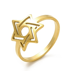 Золотой Ионное покрытие (ip) 201 перстни из нержавеющей стали, выдалбливают кольца звезды для женщин, золотые, размер США 7 1/4 (17.5 мм), звезды: 15x11 mm