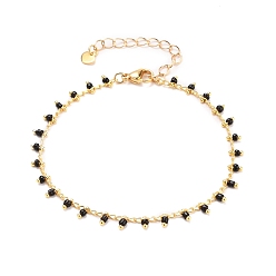 Black Glass Charm Bracelets, with Brass Curb Chains, 304 Stainless Steel Heart Charms & Lobster Claw Clasps, Real 18K Gold Plated, Black, 7-1/2 inch(19cm)