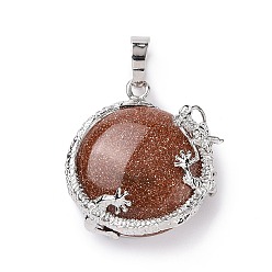 Goldstone Synthetic Goldstone Pendant, with Brass Finding, Half Round with Dragon, Platinum, 28~33x25~28x15~16mm, Hole: 5x8mm