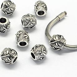 Antique Silver Alloy European Beads, Large Hole Beads, Barrel, Antique Silver, 10.5x9.5mm, Hole: 4.5mm