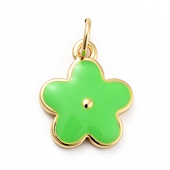 Lime Rack Plating Brass Enamel Charms, with Jump Rings, Cadmium Free & Lead Free, Real 18K Gold Plated, Flower, Lime, 14.5x12x1.3mm, Hole: 3.3mm