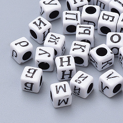 Белый Ремесло акриловые бусины, куб с русским алфавитом, чёрные, 6x6x6 мм, Отверстие : 3 мм , около 3000 шт / 500 г