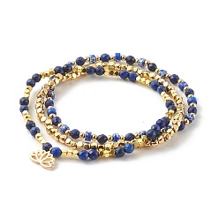 Lapis Lazuli Synthetic Imperial Jasper & Natural Lapis Lazuli(Dyed) Beaded Stretch Bracelets Sets, with Non-magnetic Synthetic Hematite & Brass Spacer Beads, Lotus, Golden, Inner Diameter: 2-1/4 inch(5.7cm), 3pcs/set