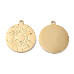 Real 18K Gold Plated Ion Plating(IP) 316L Surgical Stainless Steel Charms, Flat Round with Moon Phase Charm, Textured, Real 18K Gold Plated, 14.5x13x1mm, Hole: 1mm