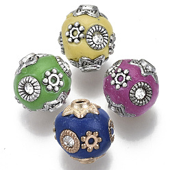Mixed Color Handmade Indonesia Beads, with Metal Findings and Crystal Rhinestones, Round, Antique Silver, Mixed Color, 11x10~11mm, Hole: 1.5~2mm