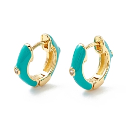 Dark Turquoise Clear Cubic Zirconia Chunky Hinged Hoop Earrings with Enamel, Brass Jewelry for Women, Cadmium Free & Nickel Free & Lead Free, Real 18K Gold Plated, Dark Turquoise, 16x4mm, Pin: 1mm
