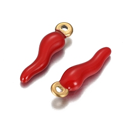 Red Ion Plating(IP) 304 Stainless Steel Pendants, Enamelled Sequins, Horn of Plenty/Italian Horn Cornicello, Golden, Red, 18x5x3.5mm, Hole: 1mm