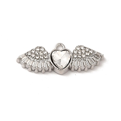 Clear Rack Plating Alloy Rhinestone Charms, with Glass, Nickel Free, Heart with Wings, Platinum, Clear, 10.5x27.5x5mm, Hole: 1.6mm