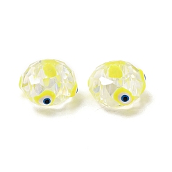 Yellow Transparent Glass European Beads, Large Hole Beads, with Enamel, Faceted, Rondelle with Evil Eye Pattern, Yellow, 14x8mm, Hole: 6mm
