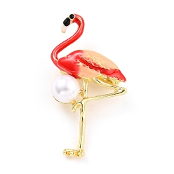 Red Flamingo Alloy Brooch with Resin Pearl, Exquisite Animal Lapel Pin for Girl Women, Golden, Red, 52x26.5x11.5mm, Hole: 5.5x3mm, Pin: 0.8mm