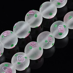 Clear Handmade Frosted Lampwork Beads Strands, Round with Flower, Clear, 11~12mm, Hole: 1.4mm, about 45pcs/strand, 19.69 inch(50cm)