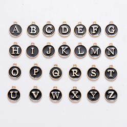 Черный Буквица a ~ z алфавит эмалевые брелоки, плоские круглые диски двусторонние брелоки, чёрные, 14x12x2 мм, отверстие : 1.5 мм, 26 шт / комплект