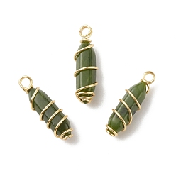 Jade Jade xinyi naturel/jade du sud chinois pendentifs pointus à double borne, avec fil de cuivre doré enroulé, balle, 26~26.5x8mm, Trou: 2.5~2.8mm