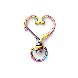 Rainbow Color Alloy Swivel Snap Hooks Clasps, Heart, Rainbow Color, 35x24mm