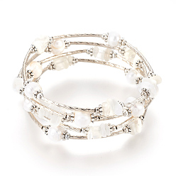 White Pearl and Natural White Moonstone Chips Wrap Bracelets, Five Loops, with Metal Findings, Potato, White, 2-1/8 inch(5.3cm)