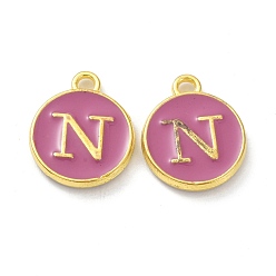 Letter N Golden Plated Alloy Enamel Charms, Cadmium Free & Lead Free, Enamelled Sequins, Flamingo, Flat Round with Letter, Letter.N, 14x12x2mm, Hole: 1.4mm