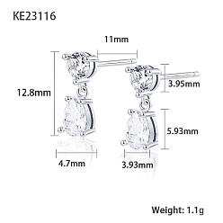Clear Cubic Zirconia Teardrop Dangle Stud Earrings, Platinum Rhodium Plated 925 Sterling Silver Earrings, Clear, 12.8x3.93~4.7mm