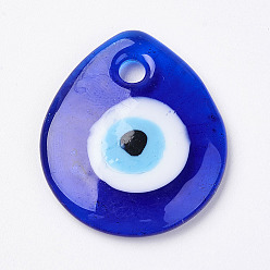 Bleu Pendentifs faits à la main lampwork evil eye, larme plat, bleu, 34x30x5mm, Trou: 4mm