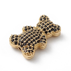 Black Real 18K Gold Plated Rack Plating Brass Micro Pave Cubic Zirconia Beads, Long-Lasting Plated, Cadmium Free & Lead Free, Bear, Black, 20.5x13x6mm, Hole: 1.6mm